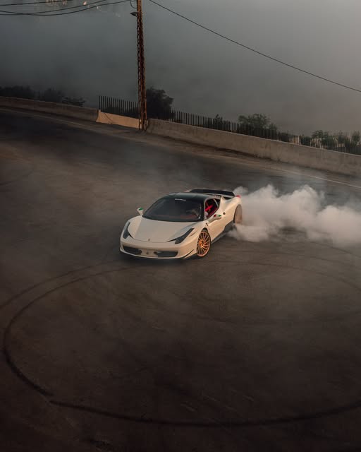 Ferrari 458 performing a cinematic burnout filmed by Turbo Talks